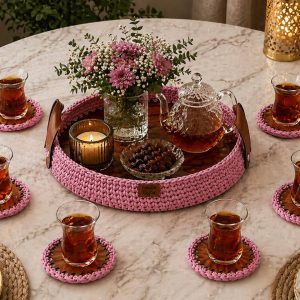 صينية بينك مدورة خشب وكروشيه بيد جلد